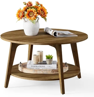 Round Coffee Table, 2-Tier Center Table with Storage, Tapered Legs | Curved Transitions, Easy Assembly, for Living Room, 31.5 Dia. x 17.7 H Inches, Honey Brown, MAEZO Collection ULCT243K41 Round Coffee Table, 2-Tier Center Table with Storage, Tapered Legs | Curved Transitions, Easy Assembly, for Living Room, 31.5 Dia. x 17.7 H Inches, Honey Brown, MAEZO Collection ULCT243K41