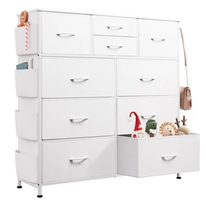 10 Drawer White Fabric Dresser for Bedroom, Side Pockets Chest | White Fabric chest of drawers with PU Leather & hooks, perfect baby dresser for nursery kids bedroom toddler closet storage 10 Drawer White Fabric Dresser for Bedroom, Side Pockets Chest | White Fabric chest of drawers with PU Leather & hooks, perfect baby dresser for nursery kids bedroom toddler closet storage