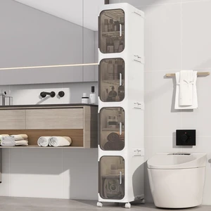 4 Tier Slim Bathroom Storage Cabinet, Foldable and Movable, White | Tools Free, ABS and PET, Magnetic Clear Door, Adjustable Shelves, Lockable Wheels, Water Resistant, For Narrow Space 4 Tier Slim Bathroom Storage Cabinet, Foldable and Movable, White | Tools Free, ABS and PET, Magnetic Clear Door, Adjustable Shelves, Lockable Wheels, Water Resistant, For Narrow Space