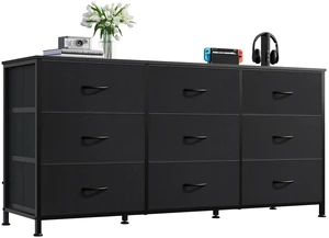 Dresser TV Stand for 55'' TV, 9 Fabric Drawers of Wide Dresser, Black | Dresser for Bedroom with Steel Frame, Chest of Drawers with Wood Top, Easy to Assemble, Large Storage Capacity Dresser TV Stand for 55'' TV, 9 Fabric Drawers of Wide Dresser, Black | Dresser for Bedroom with Steel Frame, Chest of Drawers with Wood Top, Easy to Assemble, Large Storage Capacity