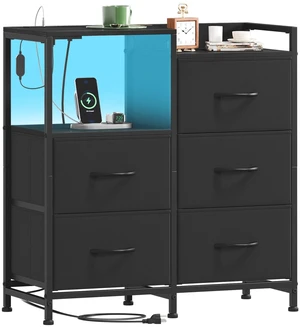 Wide Bedroom Nightstand with 5 Drawers, Charging Station & LED Light | Open-Shelf Dresser with Fabric Bins for Kids Room, Closet, Dorm and Guest Room, Black Wide Bedroom Nightstand with 5 Drawers, Charging Station & LED Light | Open-Shelf Dresser with Fabric Bins for Kids Room, Closet, Dorm and Guest Room, Black