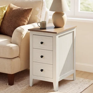 Side End Table with 3 Storage Drawers, Nightstand Farmhouse | Narrow Bedside Table for Living Room, Bedroom, Home Office, Rustic White and Honey Brown, LIRY Collection ULET132W101S Side End Table with 3 Storage Drawers, Nightstand Farmhouse | Narrow Bedside Table for Living Room, Bedroom, Home Office, Rustic White and Honey Brown, LIRY Collection ULET132W101S