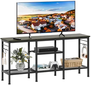 TV Stand, Entertainment Center with Open Shelves, Black Oak | TV Table with Storage Shelves, 4 Hooks, TV Console Up for 55 Inch TVs, TV Stands for Living Room, Bedroom TV Stand, Entertainment Center with Open Shelves, Black Oak | TV Table with Storage Shelves, 4 Hooks, TV Console Up for 55 Inch TVs, TV Stands for Living Room, Bedroom
