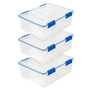 3-Pack 26.5 Qt Storage Bins with Gasket Lids, Clear/Blue | WeatherPro seal protects everyday essentials in closets, offices and laundry rooms 3-Pack 26.5 Qt Storage Bins with Gasket Lids, Clear/Blue | WeatherPro seal protects everyday essentials in closets, offices and laundry rooms