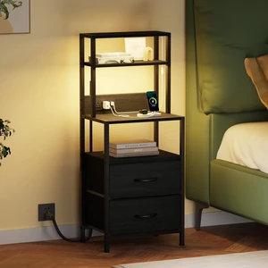 Night Stand, Tall Nightstand with 4-Tier Shelves, 2 Fabric Drawers | Led Lights, Bed Side Tables with Charging Station, Bedside Table for Bedroom, Office, Dorm, Black Oak Night Stand, Tall Nightstand with 4-Tier Shelves, 2 Fabric Drawers | Led Lights, Bed Side Tables with Charging Station, Bedside Table for Bedroom, Office, Dorm, Black Oak