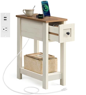 2-Tier End Side Table, Small Accent Nightstand with Storage Drawer | Narrow Bedside Table With Charging Station for Small Spaces, Living Room, Bedroom, Office, Honey Brown and Rustic White 2-Tier End Side Table, Small Accent Nightstand with Storage Drawer | Narrow Bedside Table With Charging Station for Small Spaces, Living Room, Bedroom, Office, Honey Brown and Rustic White