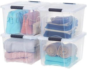 4-Pack 40 Quart Storage Bins with Lids, Clear | Transparent design makes contents easy to find. Perfect for moving, blankets, clothing, and garage storage. Nestable design 4-Pack 40 Quart Storage Bins with Lids, Clear | Transparent design makes contents easy to find. Perfect for moving, blankets, clothing, and garage storage. Nestable design