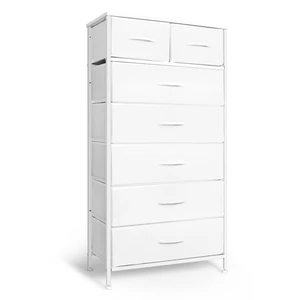 Tall Dresser for Bedroom, Vertical Storage Organizer Tower with 7 Drawers, Chest of Drawers with Fabric Bins, Steel Frame, Wood Top for Bedroom, Closet, Entryway- White Tall Dresser for Bedroom, Vertical Storage Organizer Tower with 7 Drawers, Chest of Drawers with Fabric Bins, Steel Frame, Wood Top for Bedroom, Closet, Entryway- White