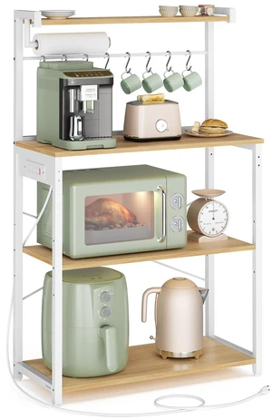 4-Tier Kitchen Bakers Rack with Power Outlet, 31.5-Inch Wide | Microwave Stand, Coffee Bar, with 8 S Hooks, Adjustable Shelf, Golden Oak and Cloud White, BARNET Collection UKKS029YA01 4-Tier Kitchen Bakers Rack with Power Outlet, 31.5-Inch Wide | Microwave Stand, Coffee Bar, with 8 S Hooks, Adjustable Shelf, Golden Oak and Cloud White, BARNET Collection UKKS029YA01