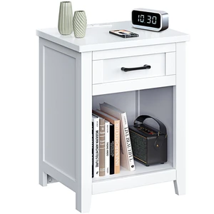 Farmhouse Nightstand with Charging Station, Pure White | AC Outlets, USB And Type C Ports, Drawer Storage, Open Shelf, Modern End Table For Bedrooms and Living Rooms Farmhouse Nightstand with Charging Station, Pure White | AC Outlets, USB And Type C Ports, Drawer Storage, Open Shelf, Modern End Table For Bedrooms and Living Rooms
