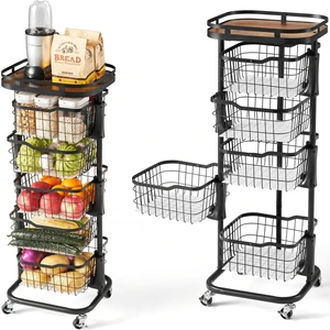 5 Tier Rotating Kitchen Storage Cart, Fruit Vegetable Potato Rack Stand | Patented Swivel Part Spin Smoothly Even Full. Rustproof. One-Piece Wire Bin Prevent Sagging. Keep Onion, Veggie, Spices Fresh 5 Tier Rotating Kitchen Storage Cart, Fruit Vegetable Potato Rack Stand | Patented Swivel Part Spin Smoothly Even Full. Rustproof. One-Piece Wire Bin Prevent Sagging. Keep Onion, Veggie, Spices Fresh