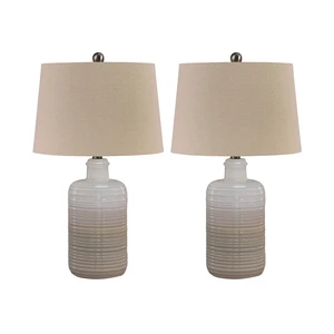 25 in Ceramic Table Lamp Set of 2, Taupe | White and taupe ceramic base, Taupe fabric drum shade, 3-way switch, Bedside or living room lighting, Marnina Series 25 in Ceramic Table Lamp Set of 2, Taupe | White and taupe ceramic base, Taupe fabric drum shade, 3-way switch, Bedside or living room lighting, Marnina Series