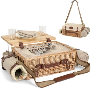 Multifunctional Wicker Picnic Basket Set for 2 with Blanket and Picnic Table, Insulated Picnic Set with Full Tablewares for Camping Outdoor Couples,Natural Multifunctional Wicker Picnic Basket Set for 2 with Blanket and Picnic Table, Insulated Picnic Set with Full Tablewares for Camping Outdoor Couples,Natural