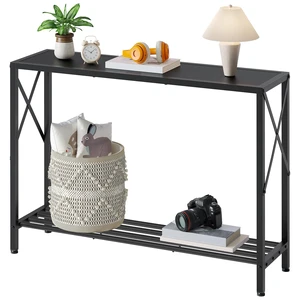Console Table 41.8", 2 Tier Narrow Entryway Table with Shelves | Black Sofa Table with Stable X-Frame, Behind The Couch, for Entryway, Hallway, Entrance, Living Room, Foyer, Office, Black Console Table 41.8", 2 Tier Narrow Entryway Table with Shelves | Black Sofa Table with Stable X-Frame, Behind The Couch, for Entryway, Hallway, Entrance, Living Room, Foyer, Office, Black
