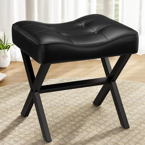 18-Inch Large Leather Vanity Stool Chair, Black Makeup Stool | Vanity Bench, Metal X-Leg, 350 LBS, 20"x16.9"x18", Ottoman Accent Stool, Thick Padded Saddle Seat, For Living Room Bedroom 18-Inch Large Leather Vanity Stool Chair, Black Makeup Stool | Vanity Bench, Metal X-Leg, 350 LBS, 20"x16.9"x18", Ottoman Accent Stool, Thick Padded Saddle Seat, For Living Room Bedroom