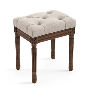 Upholstered Fabric Vanity Bench Seat, Makeup Stools for Vanity, Square Tufted Ottoman Bench with Carved Dark Brown Legs for Bedroom Living Room, Linen Color Upholstered Fabric Vanity Bench Seat, Makeup Stools for Vanity, Square Tufted Ottoman Bench with Carved Dark Brown Legs for Bedroom Living Room, Linen Color
