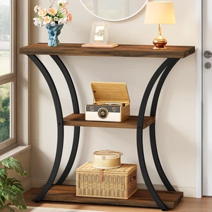 3 Tier Console Table with Open Wood Shelves, Decorative Entryway Table with Curved Metal Frames, Narrow Sofa Table for Entrance, Living Room, Hallway, Rustic Brown+Black 3 Tier Console Table with Open Wood Shelves, Decorative Entryway Table with Curved Metal Frames, Narrow Sofa Table for Entrance, Living Room, Hallway, Rustic Brown+Black