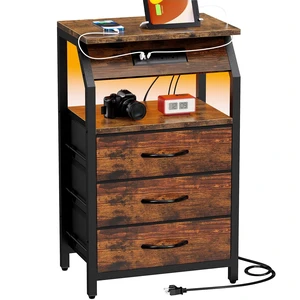 End Table with Charging Station, LED Lights and 3 Fabric Drawers | Nightstand, Small Night Stand with Large Fabric Drawers Storage, Retro Side Table for Bedside, Living Room Dorm, Rustic Brown End Table with Charging Station, LED Lights and 3 Fabric Drawers | Nightstand, Small Night Stand with Large Fabric Drawers Storage, Retro Side Table for Bedside, Living Room Dorm, Rustic Brown