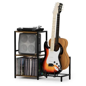 End Table with Guitar Stand, Record Player Stand, Vinyl Storage | 3-Tier Guitar Stand for Acoustic, Electric Guitar, Bass, ukulele, Turntable Stand for Music Room Studio Living Room, Brown End Table with Guitar Stand, Record Player Stand, Vinyl Storage | 3-Tier Guitar Stand for Acoustic, Electric Guitar, Bass, ukulele, Turntable Stand for Music Room Studio Living Room, Brown