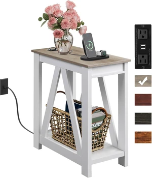 Narrow End Table with Charging Station Farmhouse Side Table Slim | ETL Listed 2 AC Outlets + 2 USB Ports; Sturdy A-Shaped Frame; 55 Lbs Capacity; 2 Tier Shelves; Non Slip Pads; Easy Assembly Narrow End Table with Charging Station Farmhouse Side Table Slim | ETL Listed 2 AC Outlets + 2 USB Ports; Sturdy A-Shaped Frame; 55 Lbs Capacity; 2 Tier Shelves; Non Slip Pads; Easy Assembly