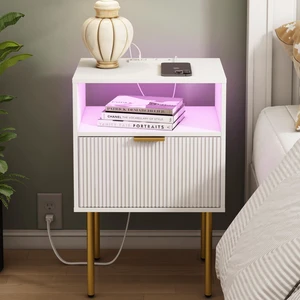 Nightstand with Outlet and LED Lights, Modern Bedside Table with Drawer, Fluted Side Table for Living Room, Bedroom Nightstand with Outlet and LED Lights, Modern Bedside Table with Drawer, Fluted Side Table for Living Room, Bedroom