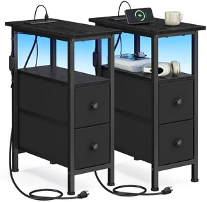 Side Table with LED Light, Narrow End Table with 2 Fabric Drawers | Bedside Nightstand with Charging Station for Small Space, Set of 2, Living Room, Ink Black, BELLAH Collection ULGS012B101 Side Table with LED Light, Narrow End Table with 2 Fabric Drawers | Bedside Nightstand with Charging Station for Small Space, Set of 2, Living Room, Ink Black, BELLAH Collection ULGS012B101