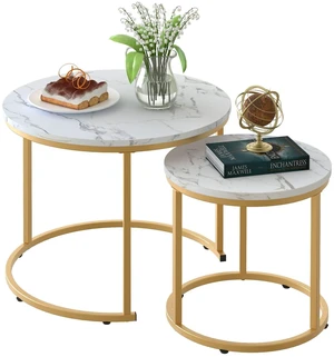 Coffee Table Nesting White Set of 2 Side Set Golden Frame Circular Round and Marble Pattern Wooden Tables, Living Room Bedroom Apartment Modern Industrial Simple Nightstand Coffee Table Nesting White Set of 2 Side Set Golden Frame Circular Round and Marble Pattern Wooden Tables, Living Room Bedroom Apartment Modern Industrial Simple Nightstand