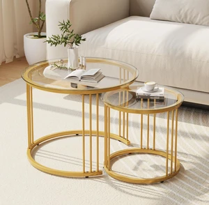 Nesting Coffee Table, 23.6" Round Coffee Table Set of 2, Glass Nesting Table with Metal Frame, Ceter Tables for Living Room Bedroom Balcony, Gold Nesting Coffee Table, 23.6" Round Coffee Table Set of 2, Glass Nesting Table with Metal Frame, Ceter Tables for Living Room Bedroom Balcony, Gold