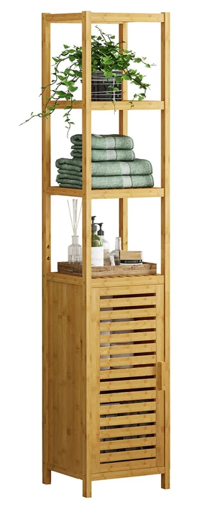 Storage Tall Slim Cabinet with Shutter Door and 3 Tier Shelves, Freestanding Linen Tower Cabinet for Living Room, Kitchen, Bathroom Organizer, Natural Bamboo Storage Tall Slim Cabinet with Shutter Door and 3 Tier Shelves, Freestanding Linen Tower Cabinet for Living Room, Kitchen, Bathroom Organizer, Natural Bamboo