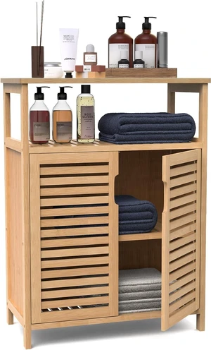 Bamboo Bathroom Storage Cabinet with 2 Doors, Floor Freestanding Cabinet | Bathroom Cabinet Storage for Living Room, Kitchen, Entryway Bamboo Bathroom Storage Cabinet with 2 Doors, Floor Freestanding Cabinet | Bathroom Cabinet Storage for Living Room, Kitchen, Entryway