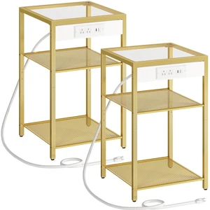End Tables Set of 2 with Charging Station, 3-Tier Slim Side Tables | Nightstands with Storage Shelves, USB Port & Power Outlets, Tempered Glass, for Living Room, Bedroom, Gold GD77UBZP201 End Tables Set of 2 with Charging Station, 3-Tier Slim Side Tables | Nightstands with Storage Shelves, USB Port & Power Outlets, Tempered Glass, for Living Room, Bedroom, Gold GD77UBZP201