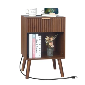 Nightstand with Charging Station, Fluted Bedside Table with Storage | Walnut Night stand with USB and Type C Ports, End Table with Drawer and Open Shelf for Bedroom, Living Room (Walnut Brown) Nightstand with Charging Station, Fluted Bedside Table with Storage | Walnut Night stand with USB and Type C Ports, End Table with Drawer and Open Shelf for Bedroom, Living Room (Walnut Brown)