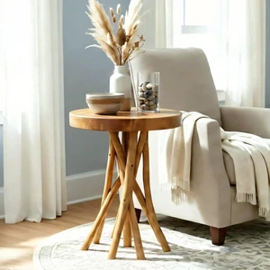 Solid Teak End Table, Stick Leg Accent Table, 16" L x 16" W x 20" H | Solid teak tabletop and handcrafted stick legs create a unique accent table with natural beauty and lasting durability Solid Teak End Table, Stick Leg Accent Table, 16" L x 16" W x 20" H | Solid teak tabletop and handcrafted stick legs create a unique accent table with natural beauty and lasting durability