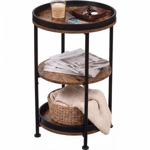Side Table, Round End Table with 3 Storage Shelves for Living Room, Bedroom, Nightstand with Steel Frame for Small Spaces, Industrial Round Sofa Table, Outdoor Accent Coffee Table, Rustic Brown Side Table, Round End Table with 3 Storage Shelves for Living Room, Bedroom, Nightstand with Steel Frame for Small Spaces, Industrial Round Sofa Table, Outdoor Accent Coffee Table, Rustic Brown