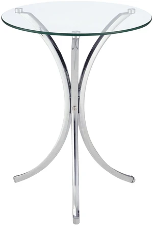 Eloise 18-Inch Round Glass Side Table Curved Base Chrome 902869 | Clear tempered glass top, curved metal frame and plastic glides; 18 inches round by 22.75 inches high Eloise 18-Inch Round Glass Side Table Curved Base Chrome 902869 | Clear tempered glass top, curved metal frame and plastic glides; 18 inches round by 22.75 inches high