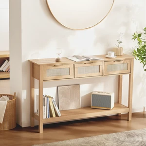 Rattan Console Table with 3 Storage Drawers, Rattan Entryway Table with Natural Rattan Sliding Door, Console Sofa Table for Living Room, Study, Entryway Or TV Wall, Natural Rattan Console Table with 3 Storage Drawers, Rattan Entryway Table with Natural Rattan Sliding Door, Console Sofa Table for Living Room, Study, Entryway Or TV Wall, Natural