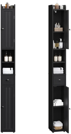 Narrow Bathroom Storage Cabinet with Adjustable Shelves and Drawer | Tall Slim Storage Cabinet, Freestanding Cupboard for Small Spaces, Black Narrow Bathroom Storage Cabinet with Adjustable Shelves and Drawer | Tall Slim Storage Cabinet, Freestanding Cupboard for Small Spaces, Black