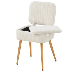 Vanity Chair with Storage Stool with Folding Back Makeup Chair | Ottoman Seat Teddy Velvet for Dressing Room Living Room Bedroom, 16" x 12.5" ,White Vanity Chair with Storage Stool with Folding Back Makeup Chair | Ottoman Seat Teddy Velvet for Dressing Room Living Room Bedroom, 16" x 12.5" ,White
