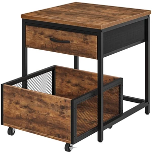 End Table, 19.7 Inch Square Side Table, Mini Fridge Stand with Storage, Nightstand with Mobile Basket Cart, for Living Room, Bedroom, Rustic Brown and Black TBZ55BF End Table, 19.7 Inch Square Side Table, Mini Fridge Stand with Storage, Nightstand with Mobile Basket Cart, for Living Room, Bedroom, Rustic Brown and Black TBZ55BF