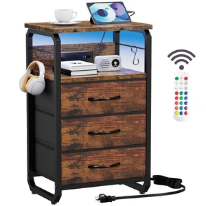 End Table with LED Light, Charging Station, and Hooks, Rustic Brown | Type-C USB Port & Power Outlets, Fabric Drawers Storage, Industrial Wood Metal Nightstand End Table with LED Light, Charging Station, and Hooks, Rustic Brown | Type-C USB Port & Power Outlets, Fabric Drawers Storage, Industrial Wood Metal Nightstand