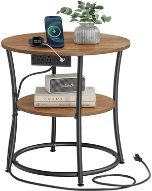 Side Table, 2-Tier Round End Table with Power Outlets | Nightstand with Steel Frame for Small Spaces, Living Room, Bedroom, Honey Brown and Ink Black, BAMPU Collection ULET077K02 Side Table, 2-Tier Round End Table with Power Outlets | Nightstand with Steel Frame for Small Spaces, Living Room, Bedroom, Honey Brown and Ink Black, BAMPU Collection ULET077K02