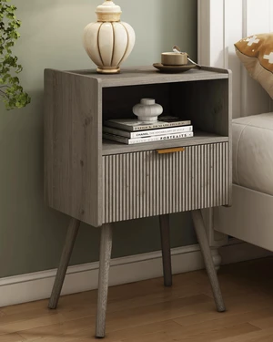 Nightstand,Modern Bedside Table with Storage Drawer and Open Wood Shelf, for Living Room, Bedroom and Small Spaces, Accent Night Stand with Solid Wood Legs, Easy Assembly,Grey Oak Nightstand,Modern Bedside Table with Storage Drawer and Open Wood Shelf, for Living Room, Bedroom and Small Spaces, Accent Night Stand with Solid Wood Legs, Easy Assembly,Grey Oak