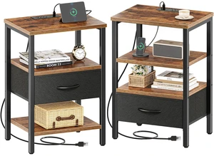 Nightstand with Charging Station, USB-C Port, Bedside Table | Night Stand for Bedroom, with Adjustable Fabric Drawer, 3-Tier Storage, Industrial End Table, Rustic Brown & Black Nightstand with Charging Station, USB-C Port, Bedside Table | Night Stand for Bedroom, with Adjustable Fabric Drawer, 3-Tier Storage, Industrial End Table, Rustic Brown & Black