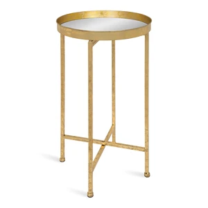 Celia Round Metal Foldable Accent Table with Mirror Tray Top, Gold Celia Round Metal Foldable Accent Table with Mirror Tray Top, Gold