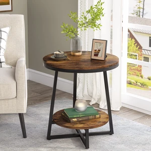 End Table, 2 Tier Round Side Table with Storage Shelf, Industrial Nightstand Bedside Table Coffee Accent Table for Living Room Bedroom Small Space, Rustic Brown End Table, 2 Tier Round Side Table with Storage Shelf, Industrial Nightstand Bedside Table Coffee Accent Table for Living Room Bedroom Small Space, Rustic Brown