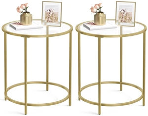 Round Side Tables, Set of 2, Glass End Tables with Metal Frame | Small Coffee Tables with Modern Style, for Living Room, Balcony, Bedroom, Gold, BARIS Collection ULGT037A61 Round Side Tables, Set of 2, Glass End Tables with Metal Frame | Small Coffee Tables with Modern Style, for Living Room, Balcony, Bedroom, Gold, BARIS Collection ULGT037A61