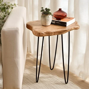 Live Edge Cedar End Table with Hairpin Legs, 20.5" H | Live edge cedar tabletop and black hairpin legs create a handcrafted accent table with natural character and modern style Live Edge Cedar End Table with Hairpin Legs, 20.5" H | Live edge cedar tabletop and black hairpin legs create a handcrafted accent table with natural character and modern style