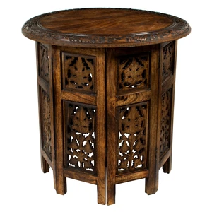 Solid Wood End Table - Hand Carved Folding Accent Side Table | Jaipur Antique Brown 18x18 inch Round Table - No Tools Assembly - Small Spaces Entryway Farmhouse Living Room Bedside Table Solid Wood End Table - Hand Carved Folding Accent Side Table | Jaipur Antique Brown 18x18 inch Round Table - No Tools Assembly - Small Spaces Entryway Farmhouse Living Room Bedside Table