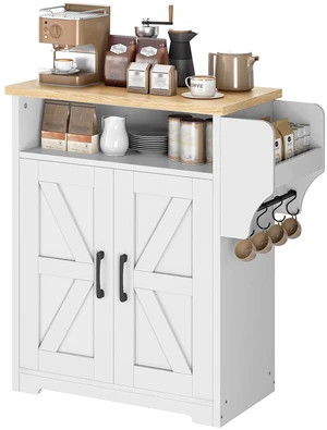 Coffee Bar Cabinet, Kitchen Island with Storage, Farmhouse Sideboard Buffet Cabinet with Dual-Purpose Floating Shelf and Hooks, for Kitchen Living Room, White and Natural KF22WN Coffee Bar Cabinet, Kitchen Island with Storage, Farmhouse Sideboard Buffet Cabinet with Dual-Purpose Floating Shelf and Hooks, for Kitchen Living Room, White and Natural KF22WN