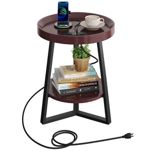 Small Round Side Table with Charging Station for Living Room Brown | 2 Tier End Table for Bedroom; Sofa Couch Table; Wood Tabletop & Metal Frame Small Round Side Table with Charging Station for Living Room Brown | 2 Tier End Table for Bedroom; Sofa Couch Table; Wood Tabletop & Metal Frame
